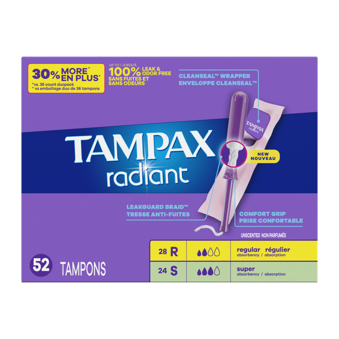 slide 1 of 36, Tampax Radiant Tampons Multipack, with LeakGuard Braid, Regular/Super Absorbency, Unscented, 52 Count, 52 ct