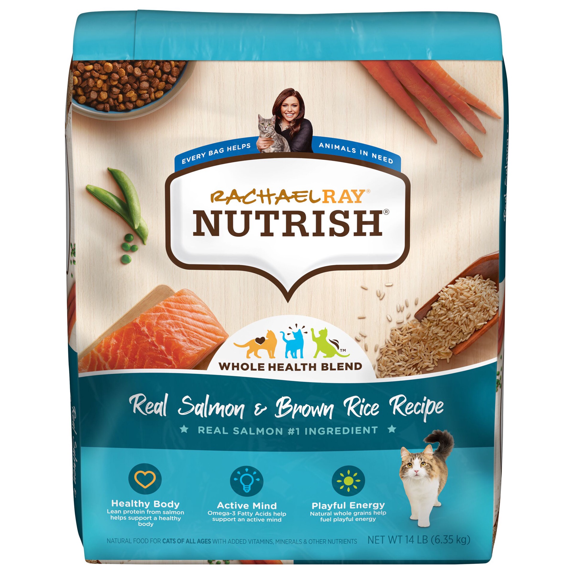 slide 1 of 9, Rachael Ray Nutrish Real Salmon & Brown Rice Recipe, Dry Cat Food, 14 lb. Bag, 14 lb