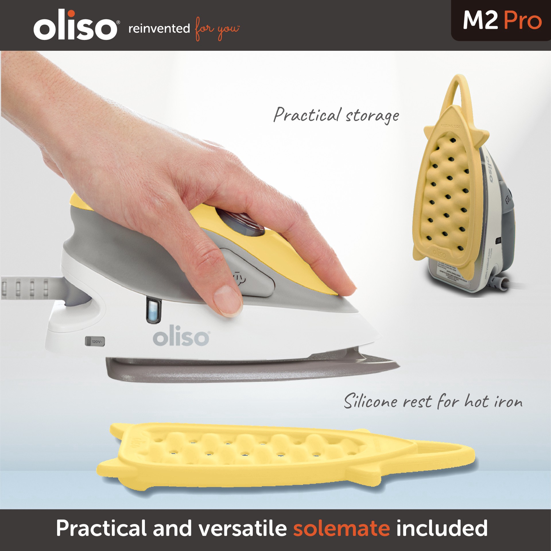 slide 6 of 6, Oliso M2pro Butterscotch Mini Project Iron With Solemate Silicone Trivet, 7.5 in x 3.7 in x 3.7 in