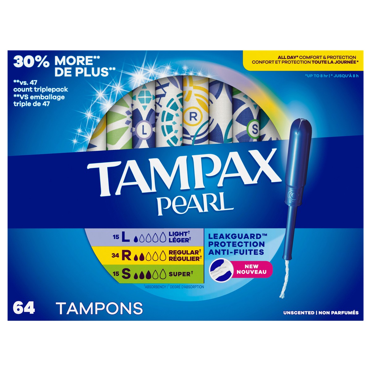 slide 4 of 6, Tampax Pearl Tampons Multipack, with LeakGuard Braid, Light/Regular/Super Absorbency, Unscented, 64 Count, 64 ct