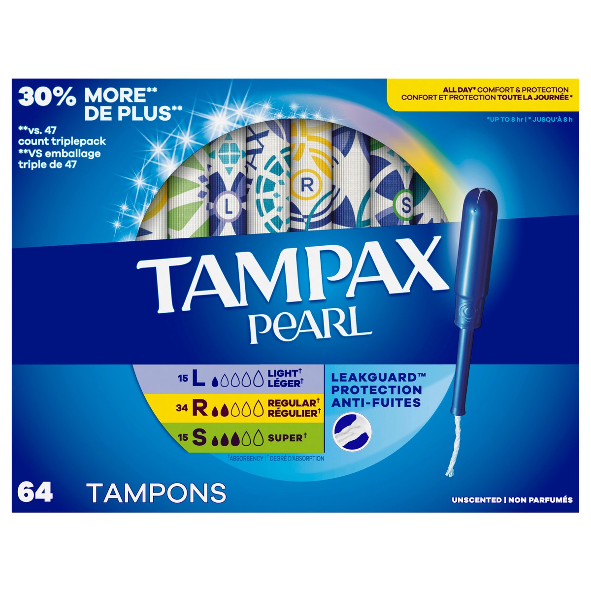 slide 1 of 6, Tampax Pearl Tampons Multipack, with LeakGuard Braid, Light/Regular/Super Absorbency, Unscented, 64 Count, 64 ct