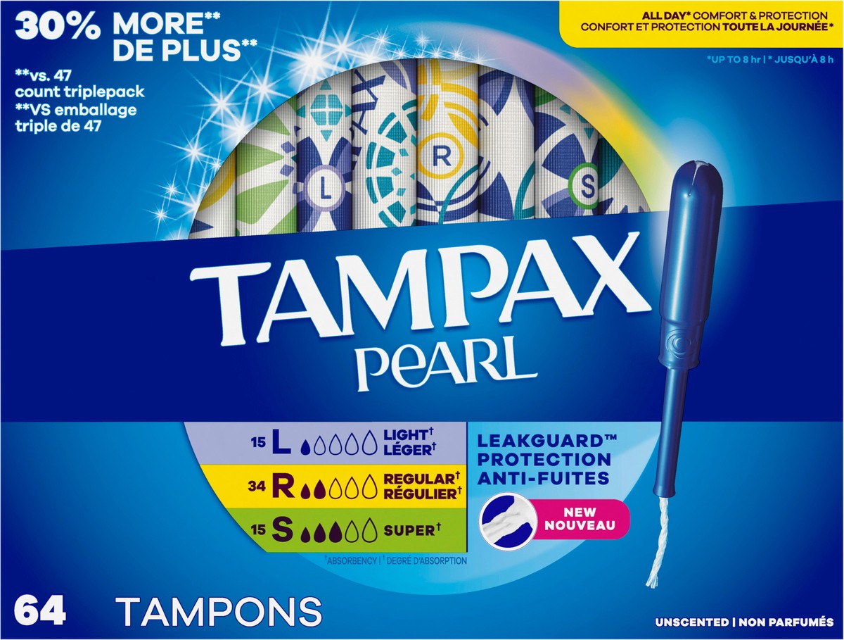 slide 5 of 6, Tampax Pearl Tampons Multipack, with LeakGuard Braid, Light/Regular/Super Absorbency, Unscented, 64 Count, 64 ct