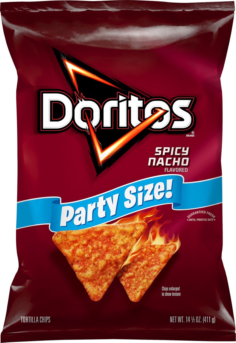slide 1 of 9, Doritos Tortilla Chips, Spicy Nacho Flavored, Party Size, 14.5 oz