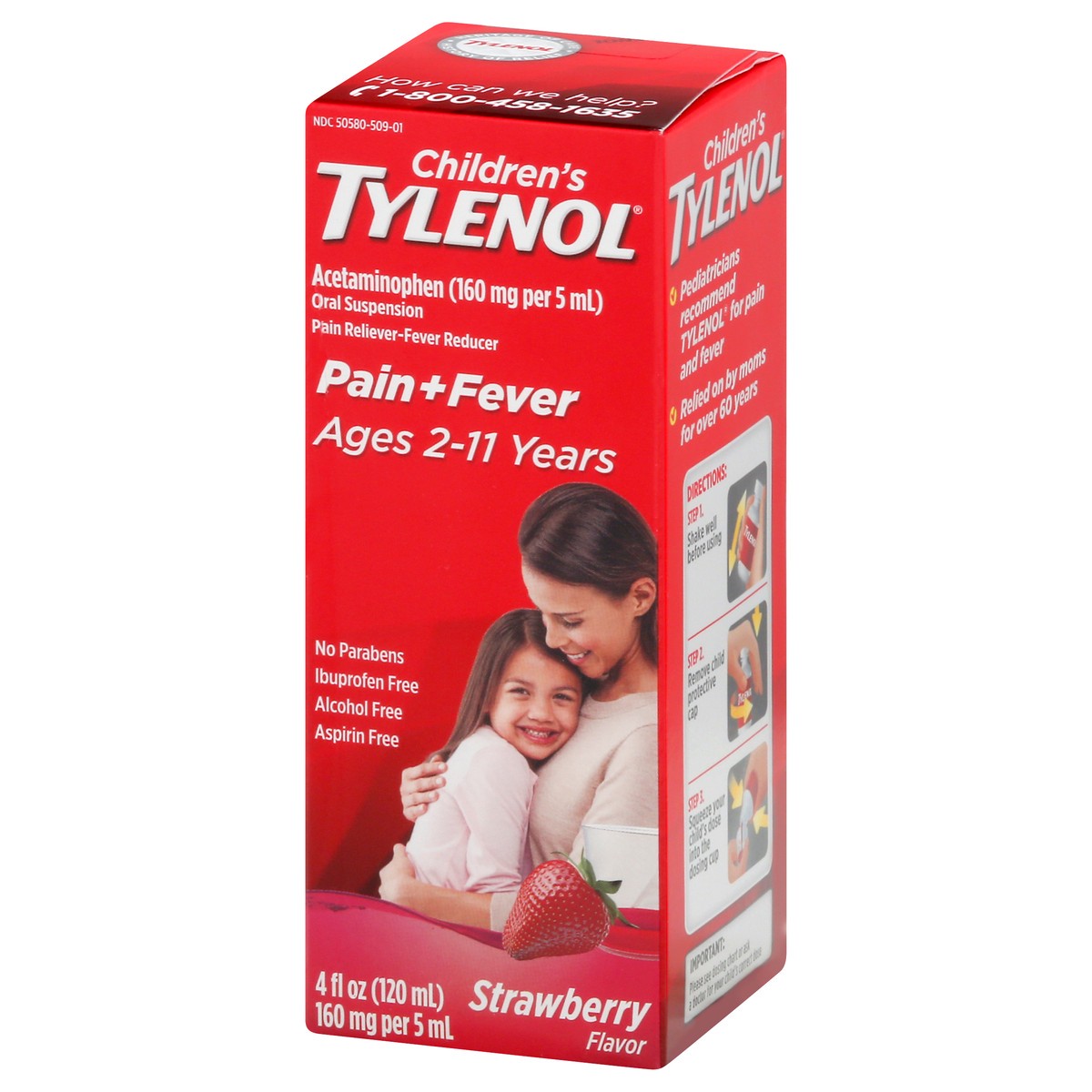 slide 2 of 9, Children's Tylenol Oral Suspension Medicine, Kids' Liquid medicine Pain Reliever & Fever Reducer for Cold + Flu Symptoms, Aspirin-, Ibuprofen- & Alcohol- Free, Strawberry, 4 fl. oz, 4 fl oz