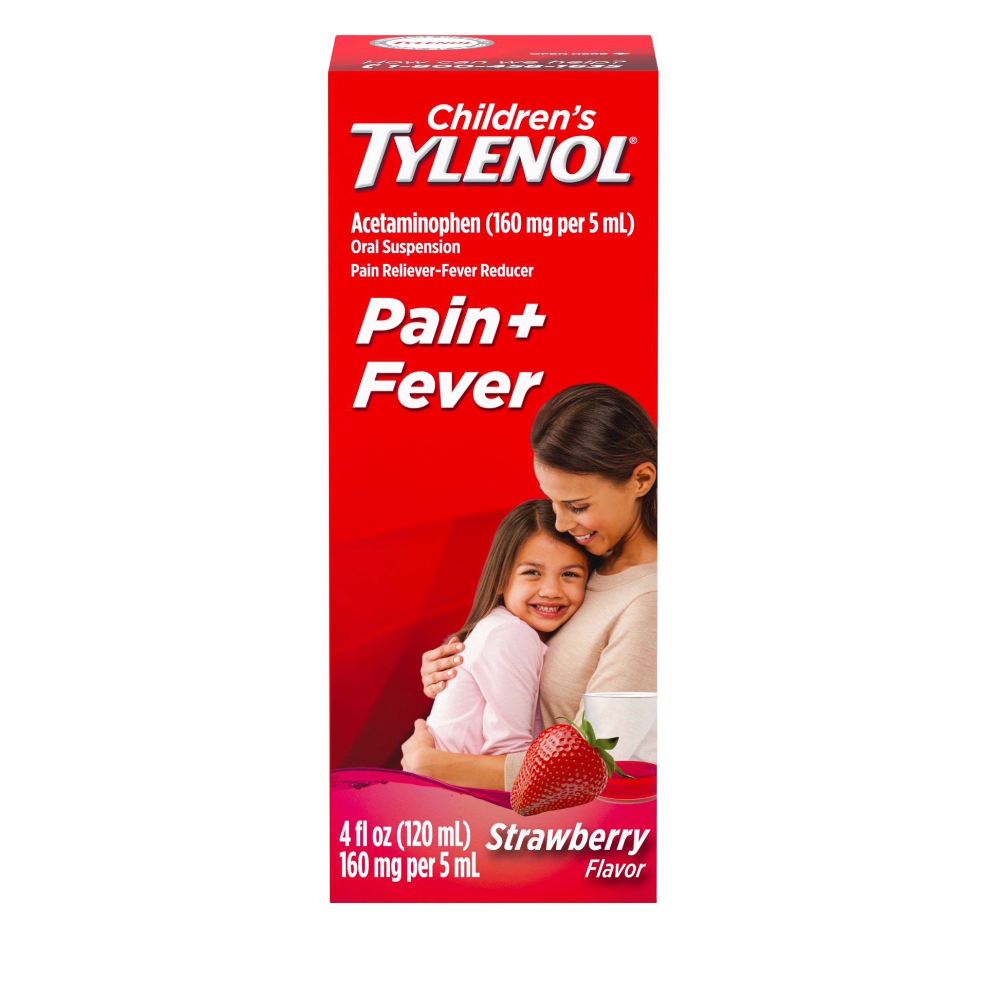 slide 1 of 9, Children's Tylenol Oral Suspension Medicine, Kids' Liquid medicine Pain Reliever & Fever Reducer for Cold + Flu Symptoms, Aspirin-, Ibuprofen- & Alcohol- Free, Strawberry, 4 fl. oz, 4 fl oz