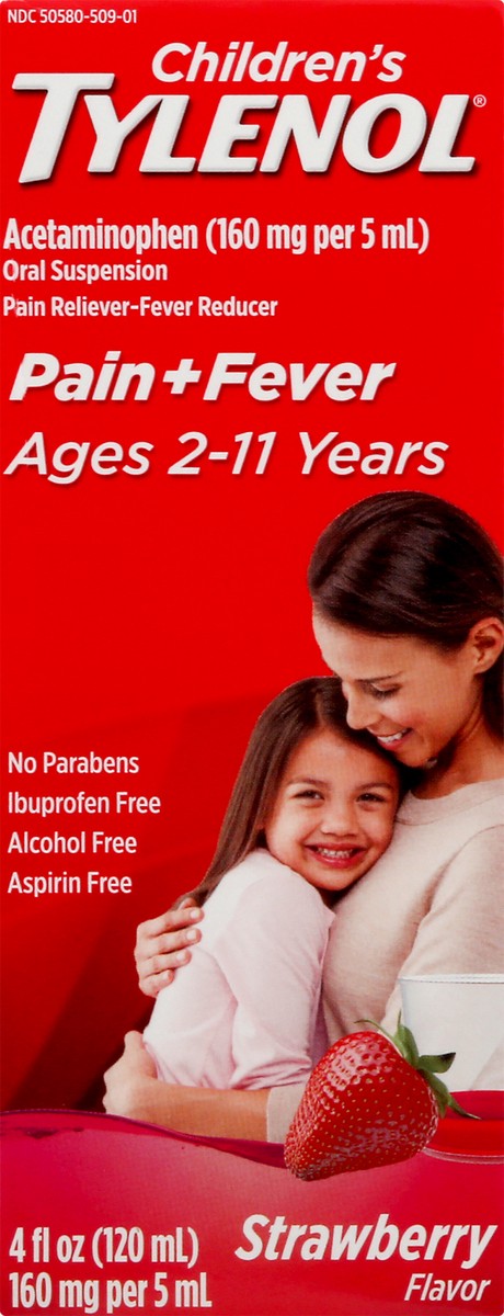 slide 1 of 9, Children's Tylenol Oral Suspension Medicine, Kids' Liquid medicine Pain Reliever & Fever Reducer for Cold + Flu Symptoms, Aspirin-, Ibuprofen- & Alcohol- Free, Strawberry, 4 fl. oz, 4 fl oz