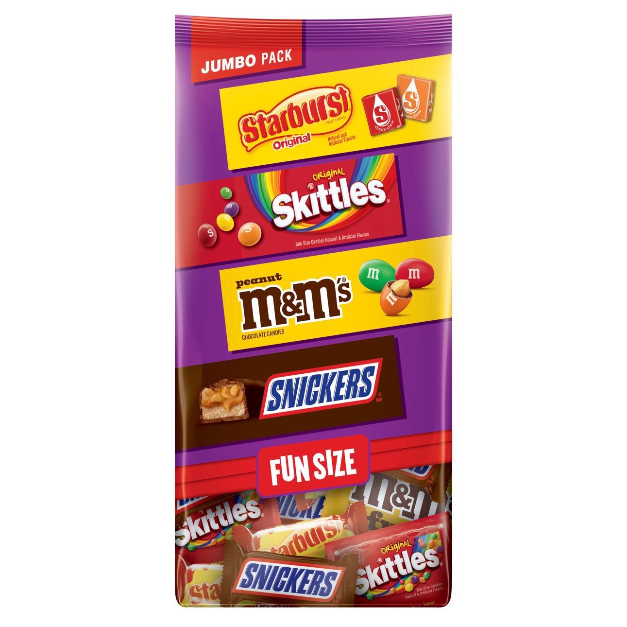 slide 1 of 1, Mars M&M'S Snickers Skittles & Starburst Fun Size Candy Variety Pack Jumbo Bag, 31.59 oz