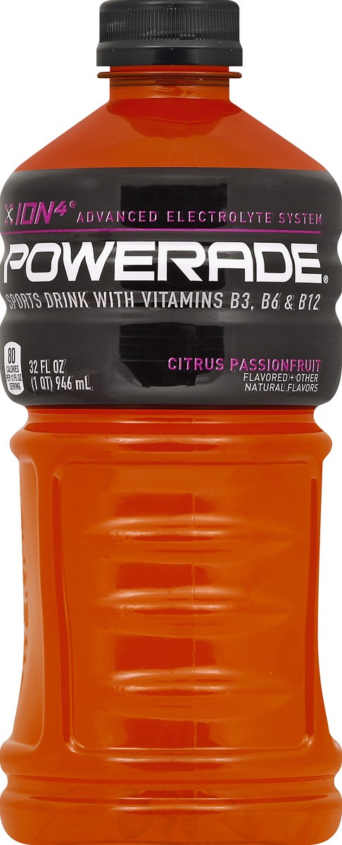 slide 2 of 4, POWERADE Citrus Passionfruit, ION4 Electrolyte Enhanced Fruit Flavored Sports Drink w/ Vitamins B3, B6, and B12, Replenish Sodium, Calcium, Potassium, Magnesium- 32 fl oz, 32 fl oz