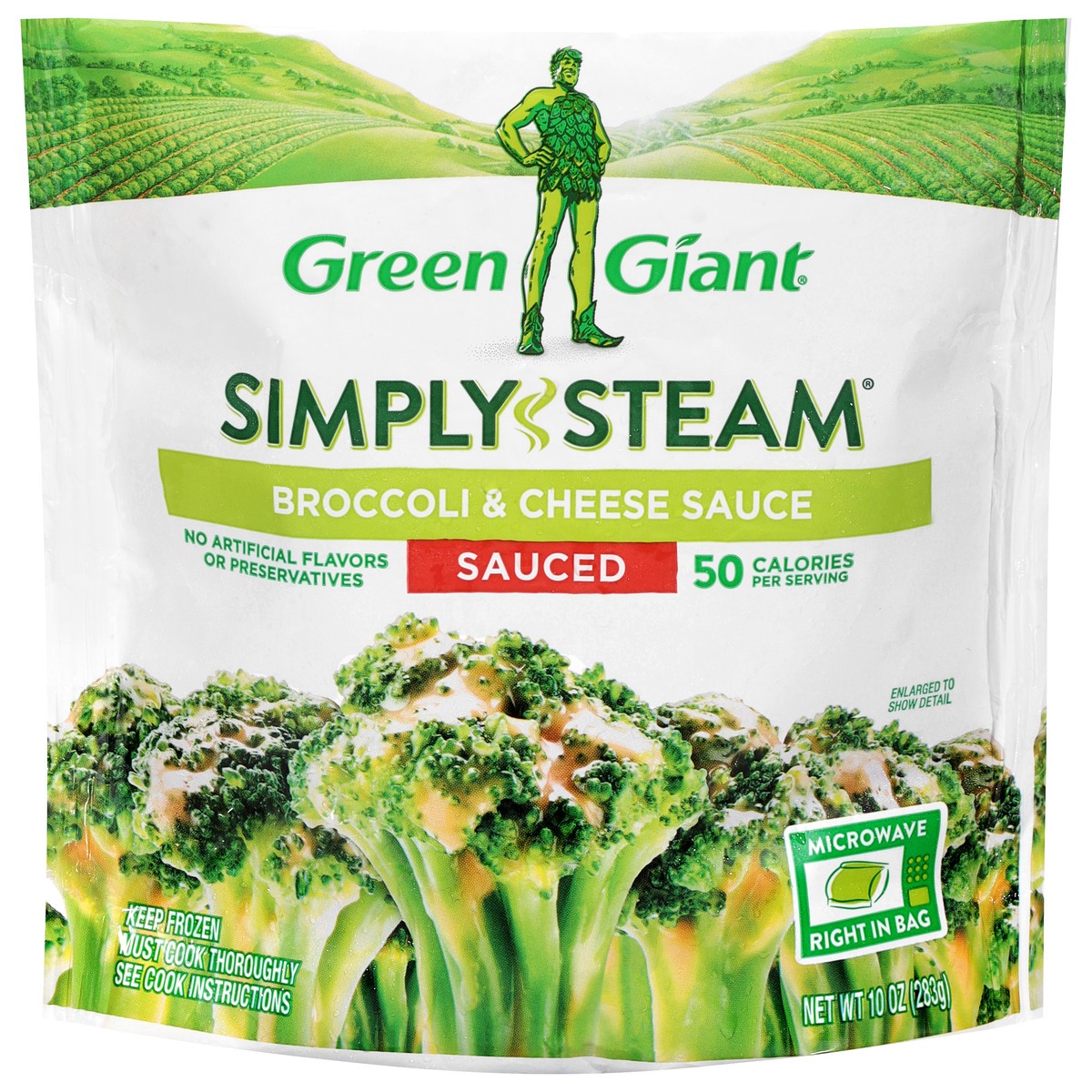 slide 1 of 8, Green Giant Simply Steam Broccoli & Cheese Sauce, Sauced Frozen Vegetables, 10 OZ, 10 oz