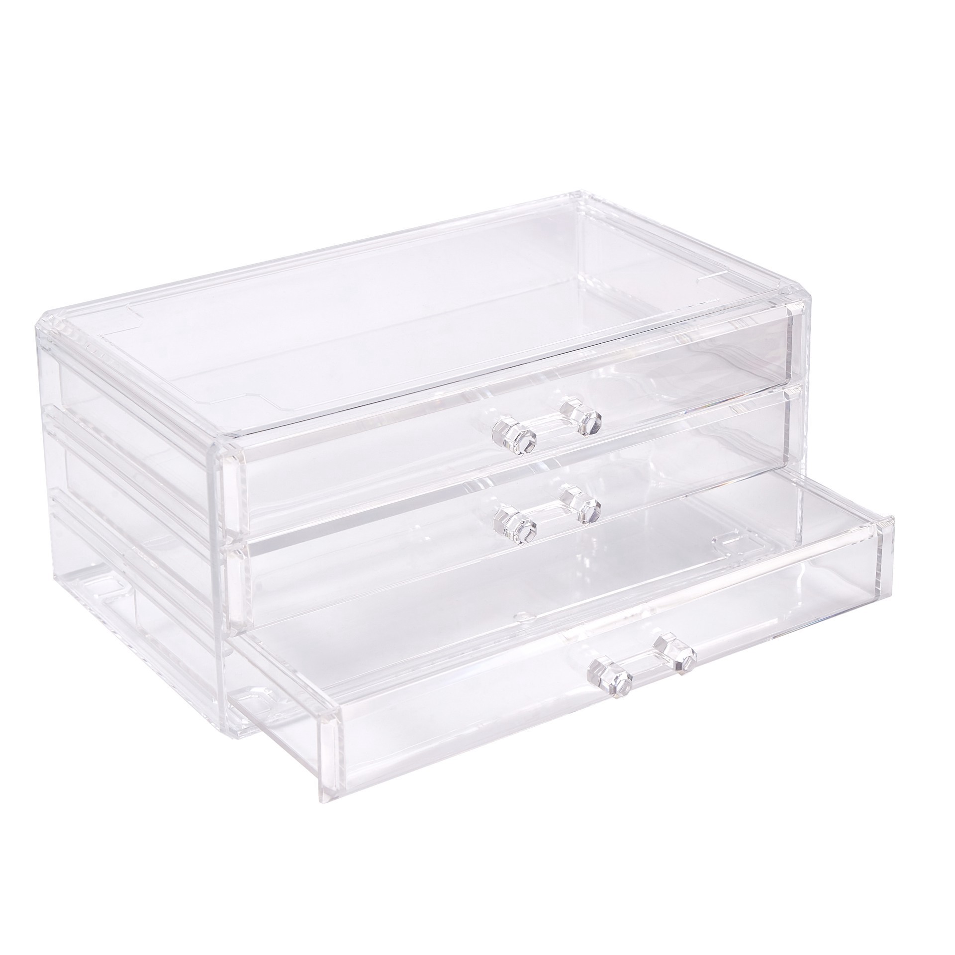 slide 3 of 3, Cecilia Tech 9.5" Clear Stackable 3 Slim Drawer Jewelry Box, 9 in x 6 in x 4 in