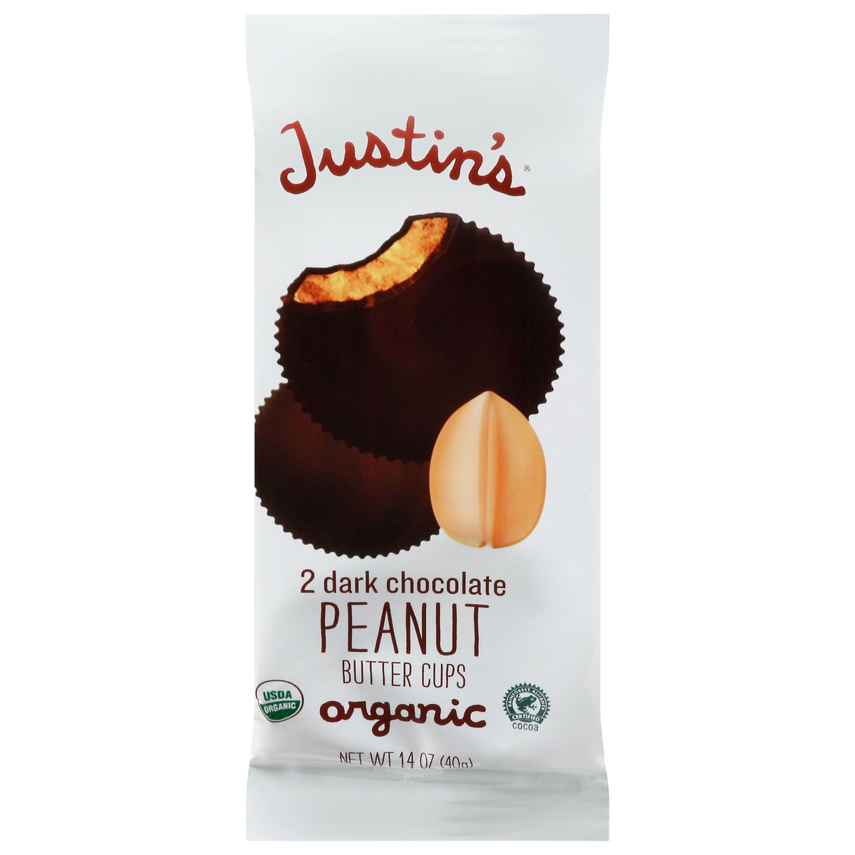 slide 1 of 1, Justin's Organic Dark Chocolate Peanut Butter Cups 2 ea, 1.4 oz