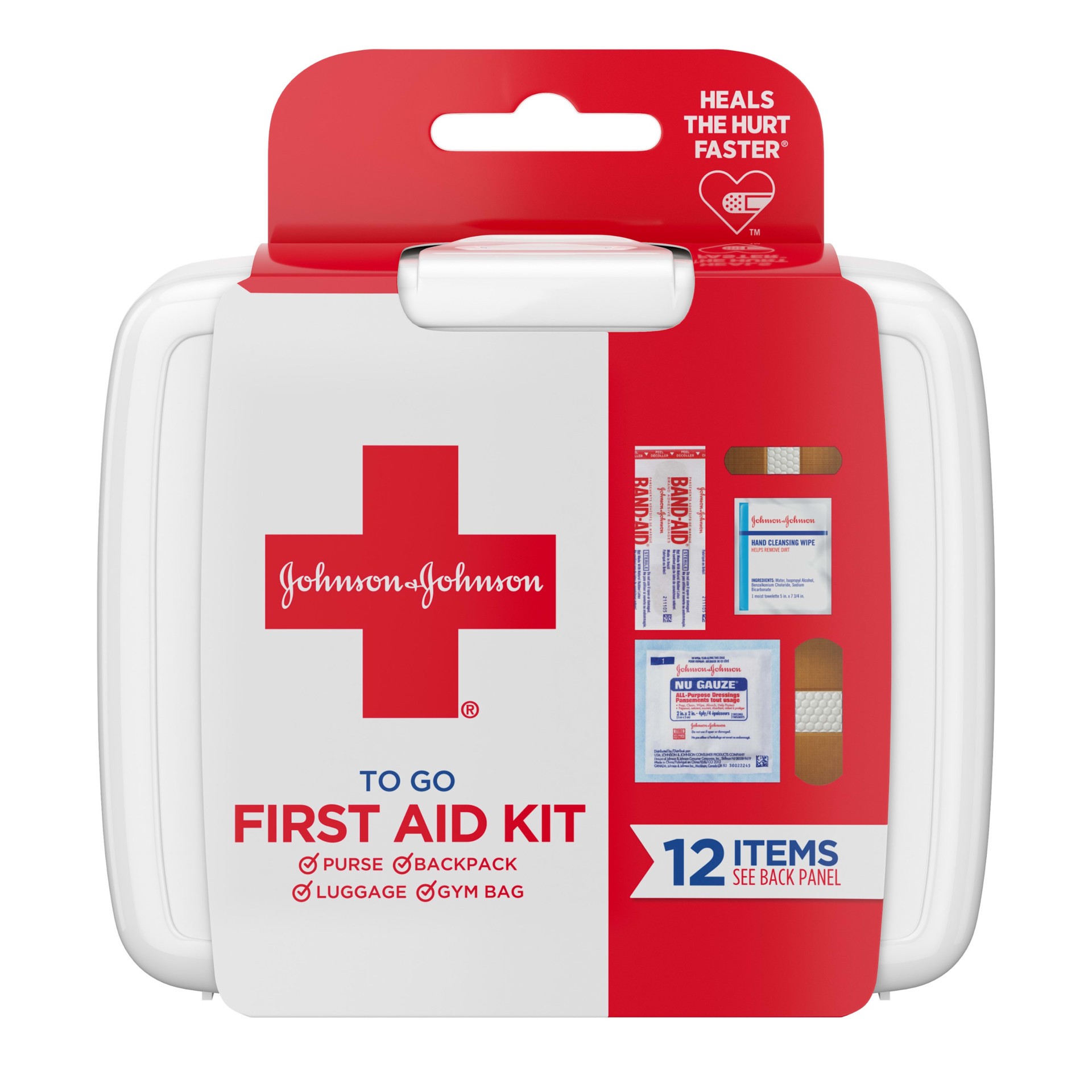 slide 1 of 9, Johnson & Johnson First Aid To Go, Mini Portable Emergency First Aid Wound Care Travel Kit with Adhesive Bandages, Gauze Pads & Wipes for Purse, Backpack, Gym Bag, Car or Luggage, 12 pc, 1 ct