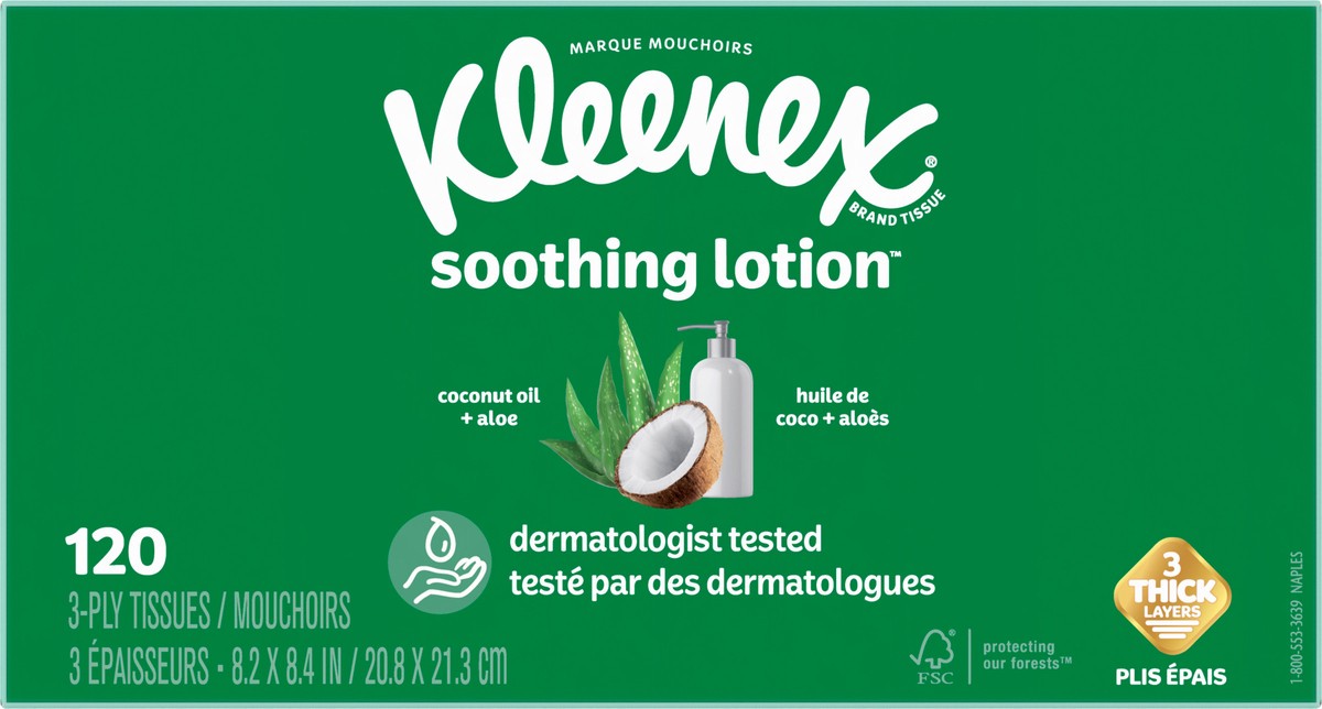 slide 4 of 11, Kleenex Lotion Facial Tissues with Coconut Oil, 1 Flat Box, 120 Tissues Per Box, 3-Ply, 120 ct