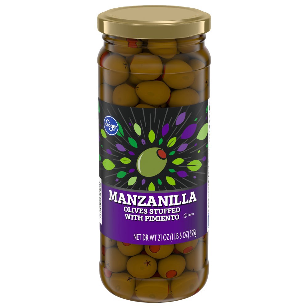 slide 2 of 2, Kroger Manzanilla Pimiento Stuffed Olives, 21 oz