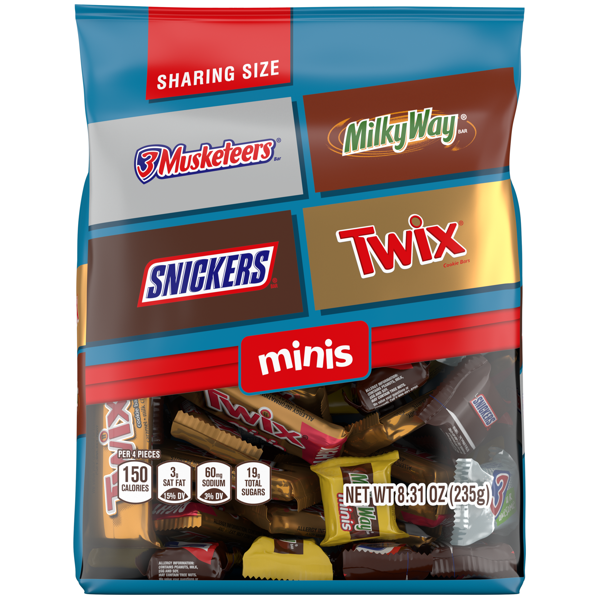 slide 1 of 8, Wrigley Snickers, Twix, Milky Way & 3 Musketeers Minis Chocolate Candy Bars Variety Pack, 8.31 oz Bag, 8.31 oz