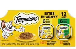 Temptations Adult 1+ Bites in Gravy Tasty Chicken Entree/Seafood Medley Flavor Food for Cats 12 - 3.5 oz Trays
