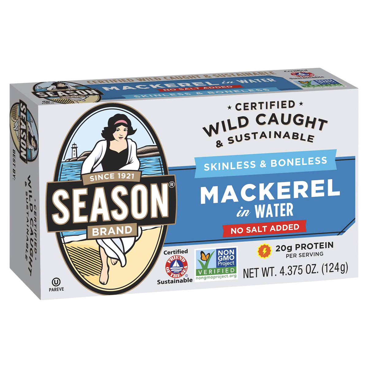 slide 1 of 1, Season Brand Season Fillets Of Mackerels In Water Skinless And Boneless No Salt Added, 4.38 oz