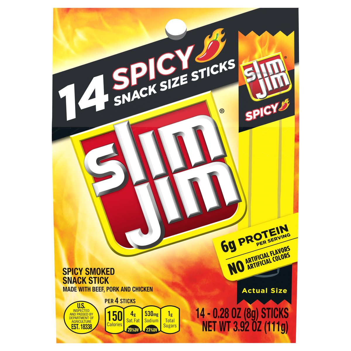 slide 1 of 5, Slim Jim Spicy Snack Size Sticks, 3.92 OZ Meat Snacks, 14 Count Box, 14 ct