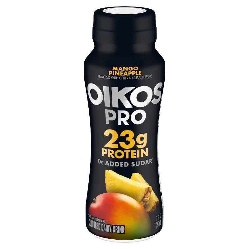 slide 7 of 7, Oikos Pro Mango Pineapple Cultured Dairy Drink, 23 Grams of Protein, 0g Added Sugar, Just Delicious High Protein Snacks, 7 FL OZ Bottle, 7 fl oz