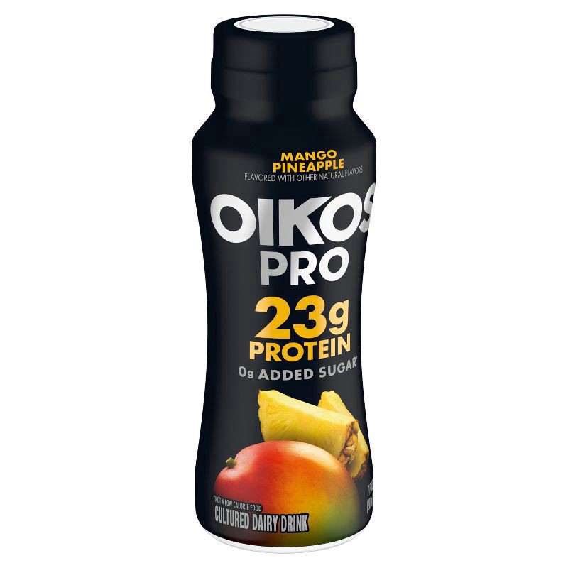 slide 3 of 7, Oikos Pro Mango Pineapple Cultured Dairy Drink, 23 Grams of Protein, 0g Added Sugar, Just Delicious High Protein Snacks, 7 FL OZ Bottle, 7 fl oz