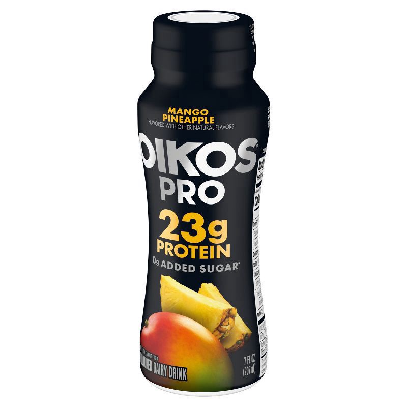 slide 5 of 7, Oikos Pro Mango Pineapple Cultured Dairy Drink, 23 Grams of Protein, 0g Added Sugar, Just Delicious High Protein Snacks, 7 FL OZ Bottle, 7 fl oz