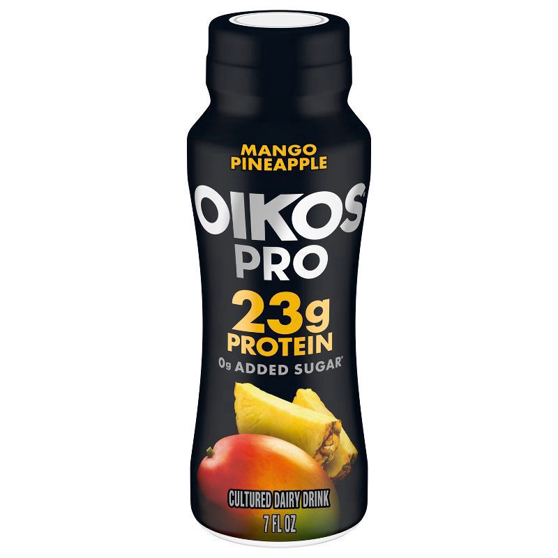 slide 1 of 7, Oikos Pro Mango Pineapple Cultured Dairy Drink, 23 Grams of Protein, 0g Added Sugar, Just Delicious High Protein Snacks, 7 FL OZ Bottle, 7 fl oz