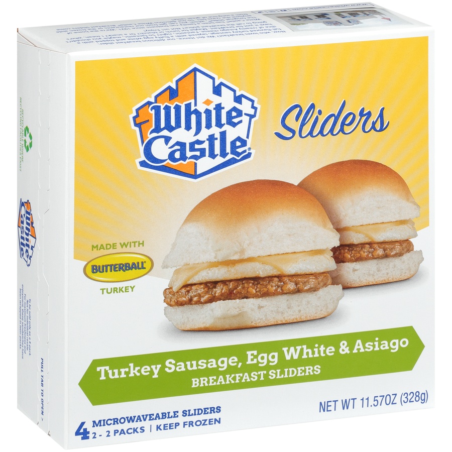 slide 4 of 8, White Castle Breakfast Sliders, Turkey Sausage, Egg White & Asiago, 4 ct