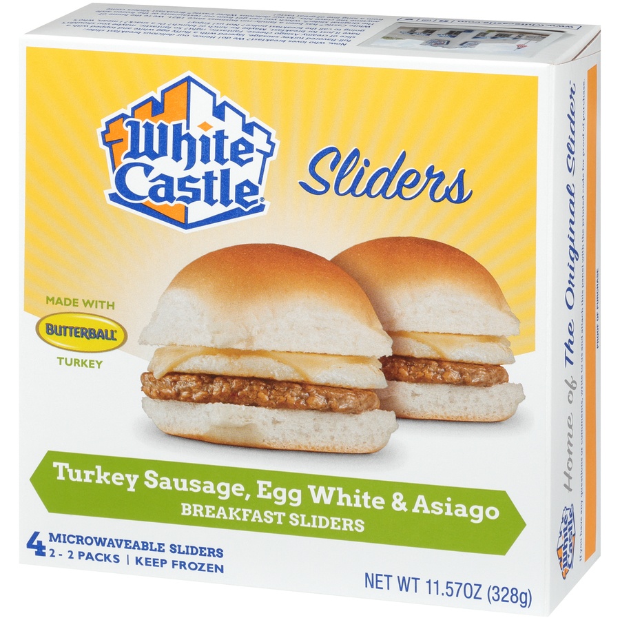 slide 3 of 8, White Castle Breakfast Sliders, Turkey Sausage, Egg White & Asiago, 4 ct