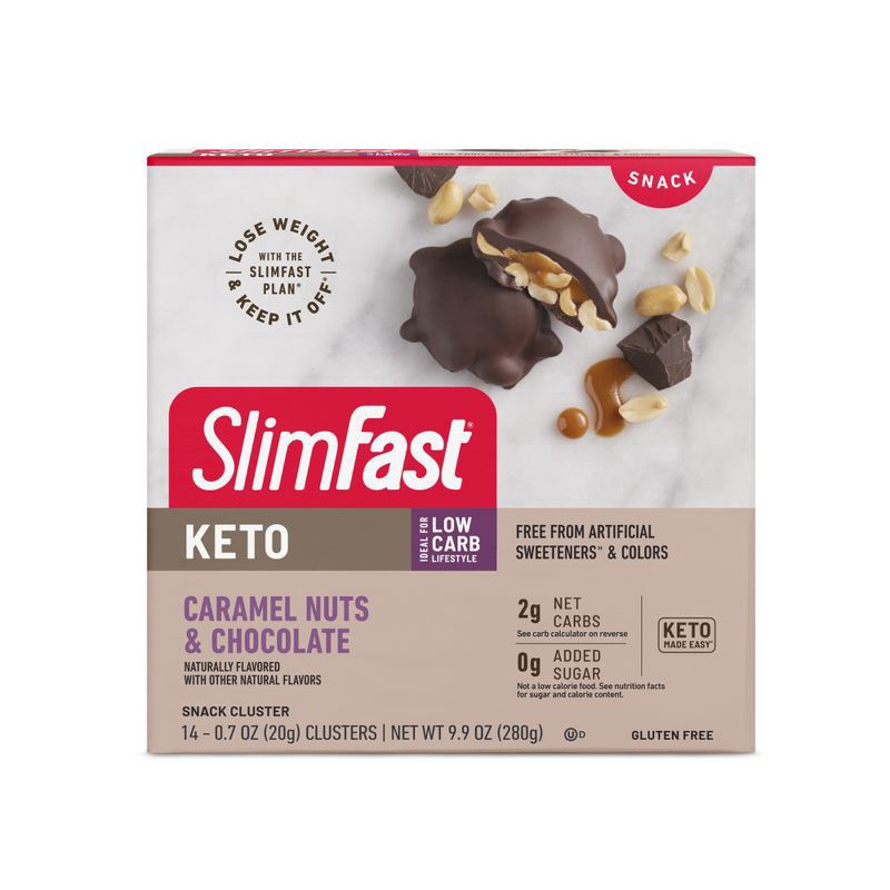 slide 1 of 32, SlimFast Keto Fat Bomb Snack Cluster - Caramel Nuts & Chocolate - 14ct, 14 ct