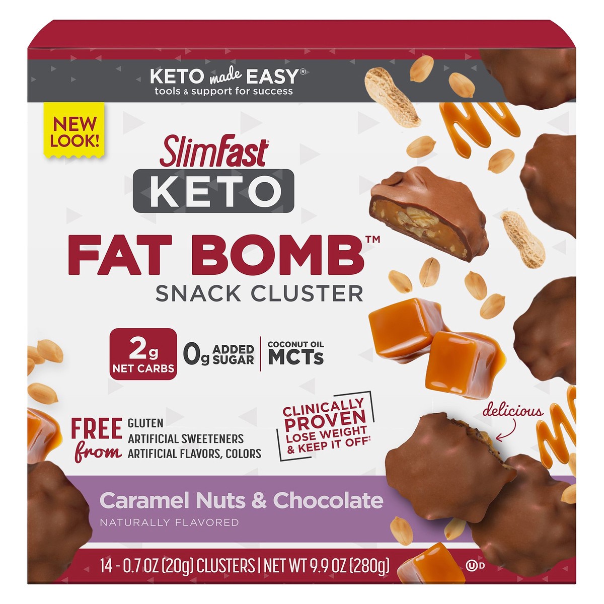 slide 1 of 32, SlimFast Slimfast Keto Fat Bomb Choclate Caramel Nut Clusters - 14-., 14 x 0.7 oz