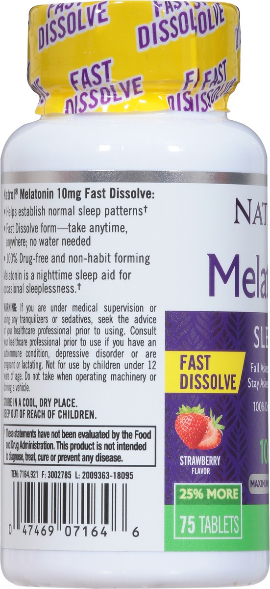 slide 9 of 9, Natrol Melatonin 10mg, Strawberry-Flavored Sleep Support Dietary Supplement for Adults, 75 Fast-Dissolve Tablets, 75 Day Supply, 75 ct