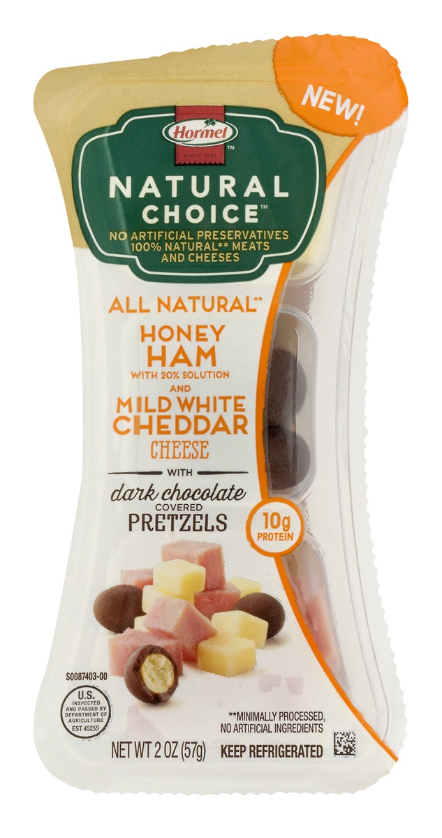 slide 1 of 8, Hormel With Dark Chocolate Covered Pretzels Ham & Cheddar 2 oz, 2 oz