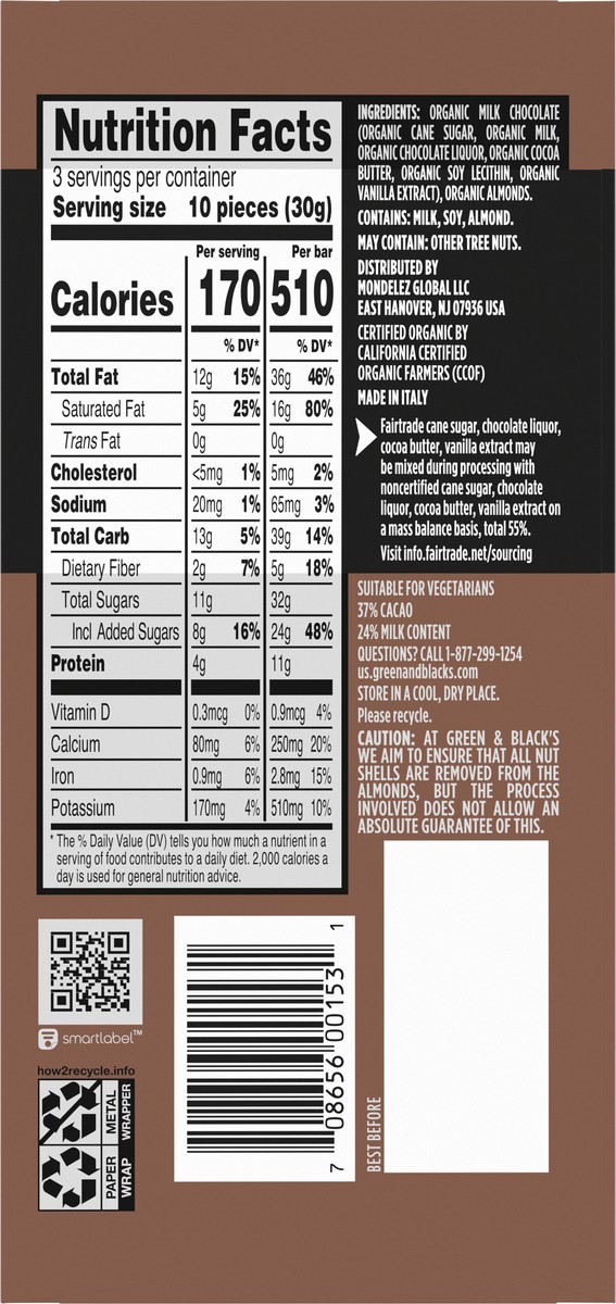 slide 5 of 9, Green Blacks Green & Black's Organic Milk Chocolate Bar with Almonds, 37% Cacao, 3.17 oz, 3.17 oz