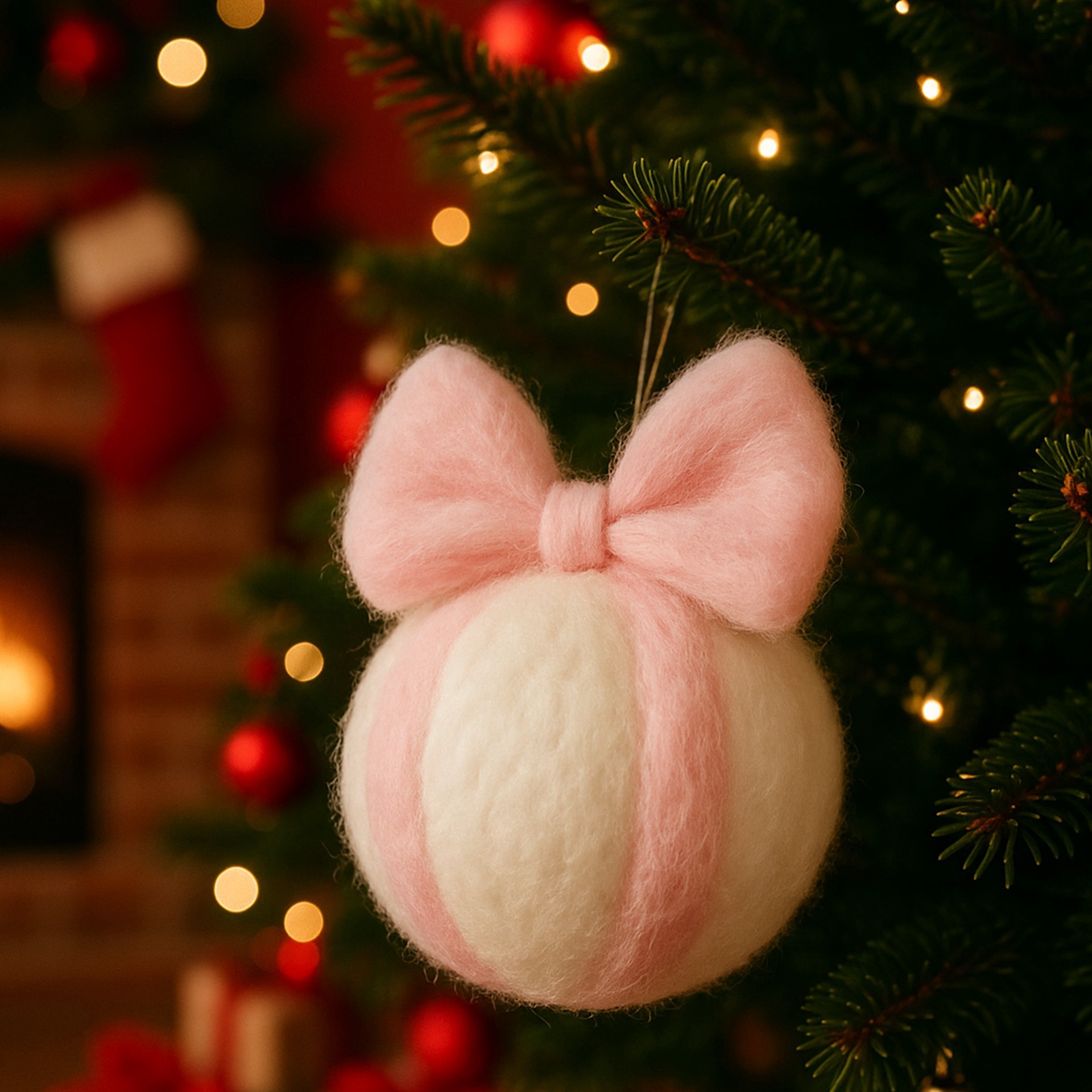 slide 6 of 9, Christmas Pink & White Ball With Bow Felting Kit By Loops & Threads, 3.5 in x 2.5 in x 2.5 in