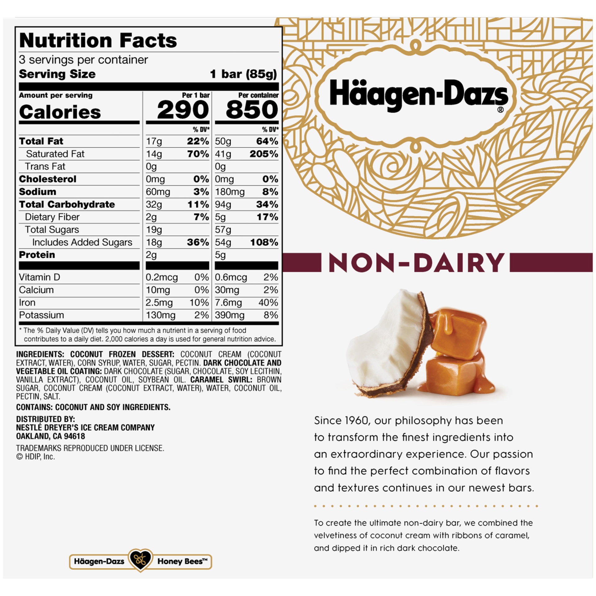 slide 4 of 6, Häagen-Dazs Non Dairy Coconut Caramel Dark Chocolate Frozen Dessert Bars, 3 ct