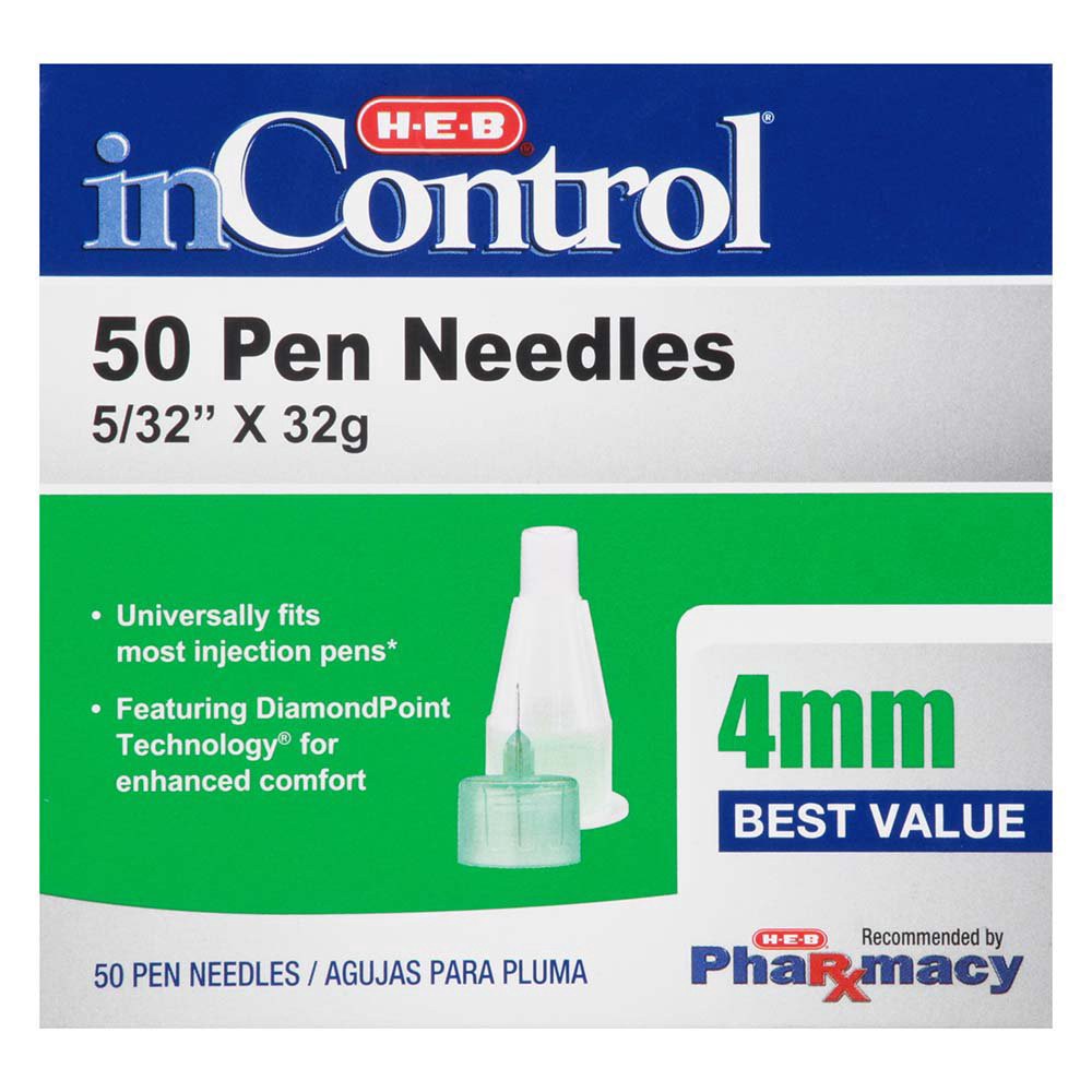 slide 1 of 1, H-E-B Inontrol Pen Needles - 4mm, 50 ct