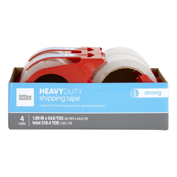 slide 1 of 3, Office Depot Brand Heavy-Duty Shipping Tape With Dispenser, 1-15/16'' X 54-5/8 Yd, Clear, Pack Of 4 Rolls, 4 ct