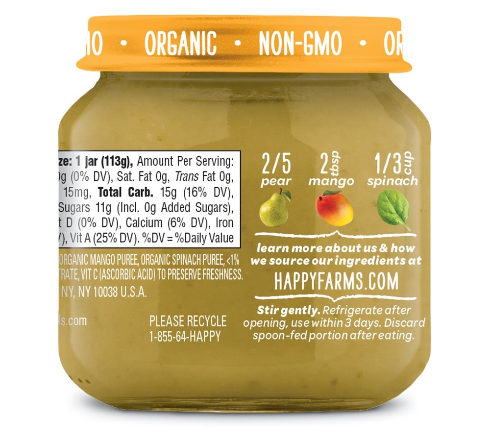 slide 3 of 3, Happy Family HappyBaby Clearly Crafted Pears Mangos & Spinach Baby Meals Jar, 4 oz