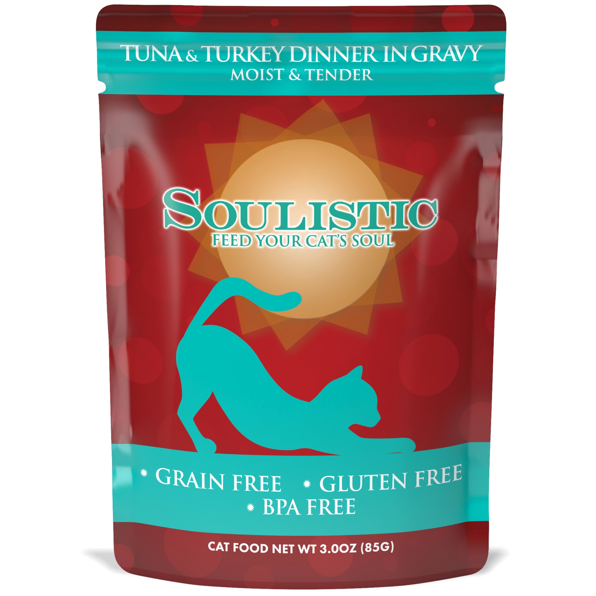 slide 1 of 1, Soulistic Moist & Tender Tuna & Turkey Dinner in Gravy Adult Cat Food Pouches, 3 oz