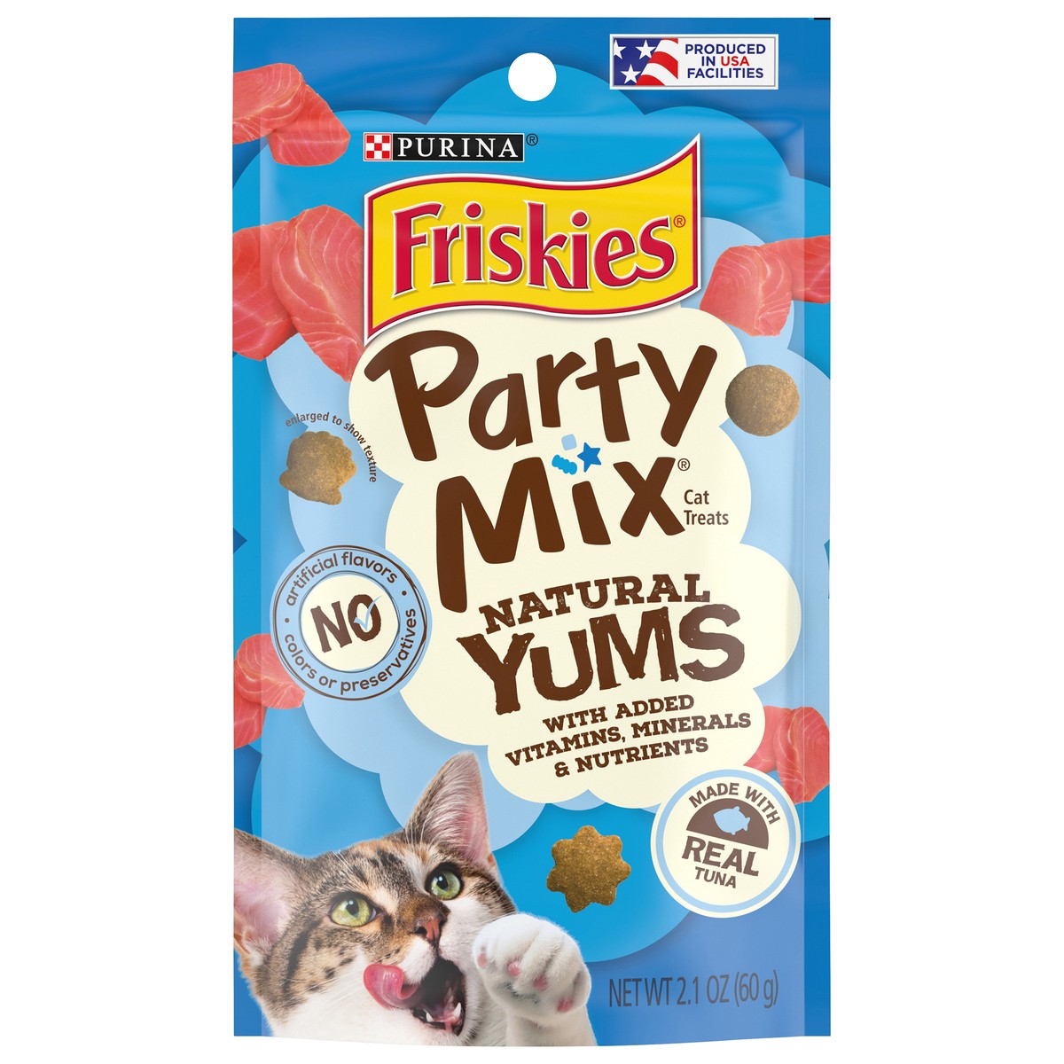 slide 1 of 9, Friskies Purina Friskies Natural Cat Treats, Party Mix Natural Yums With Real Tuna - 2.1 oz. Pouch, 2.1 oz