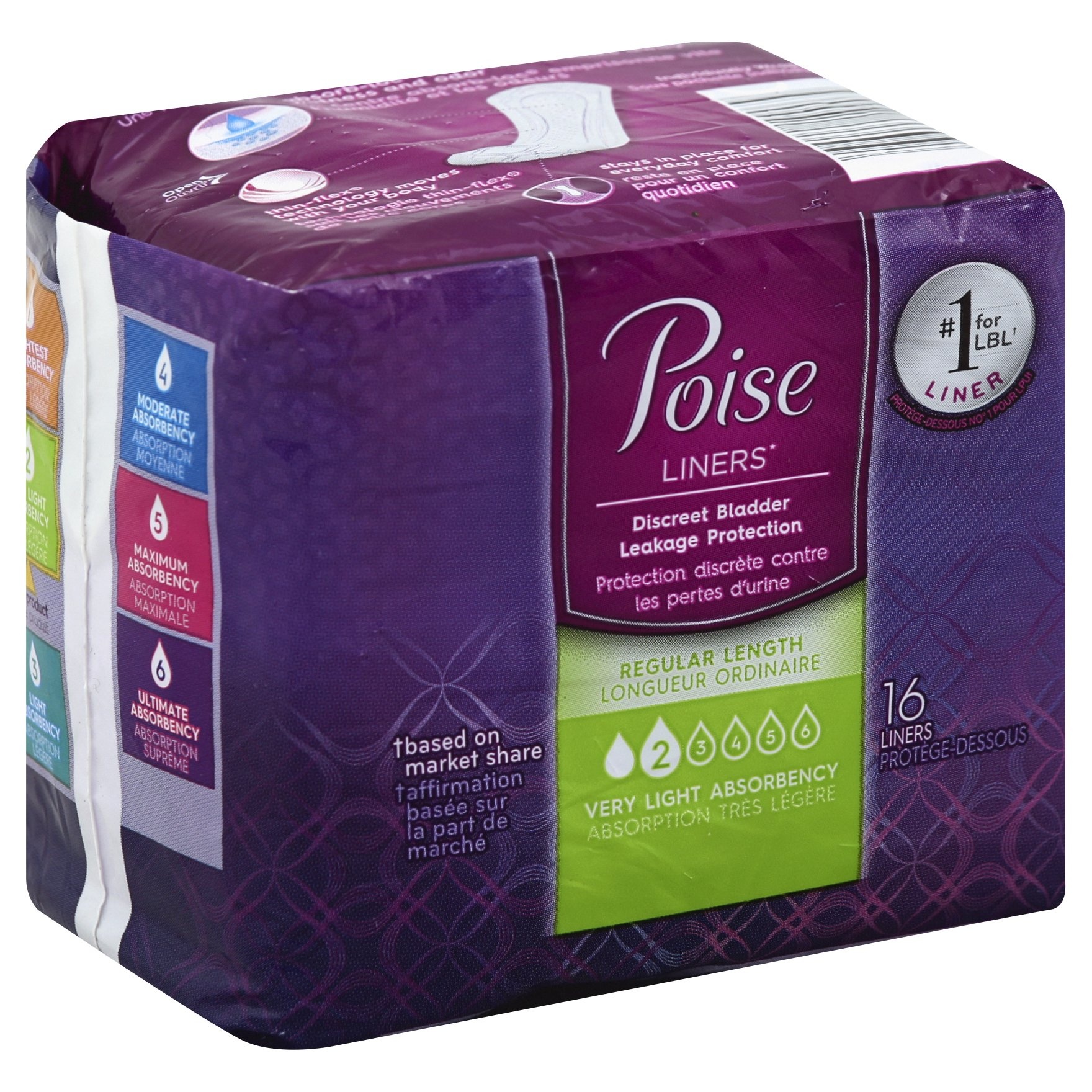 slide 1 of 3, Poise Liners Very Light Absorbency Regular Length, 16 ct