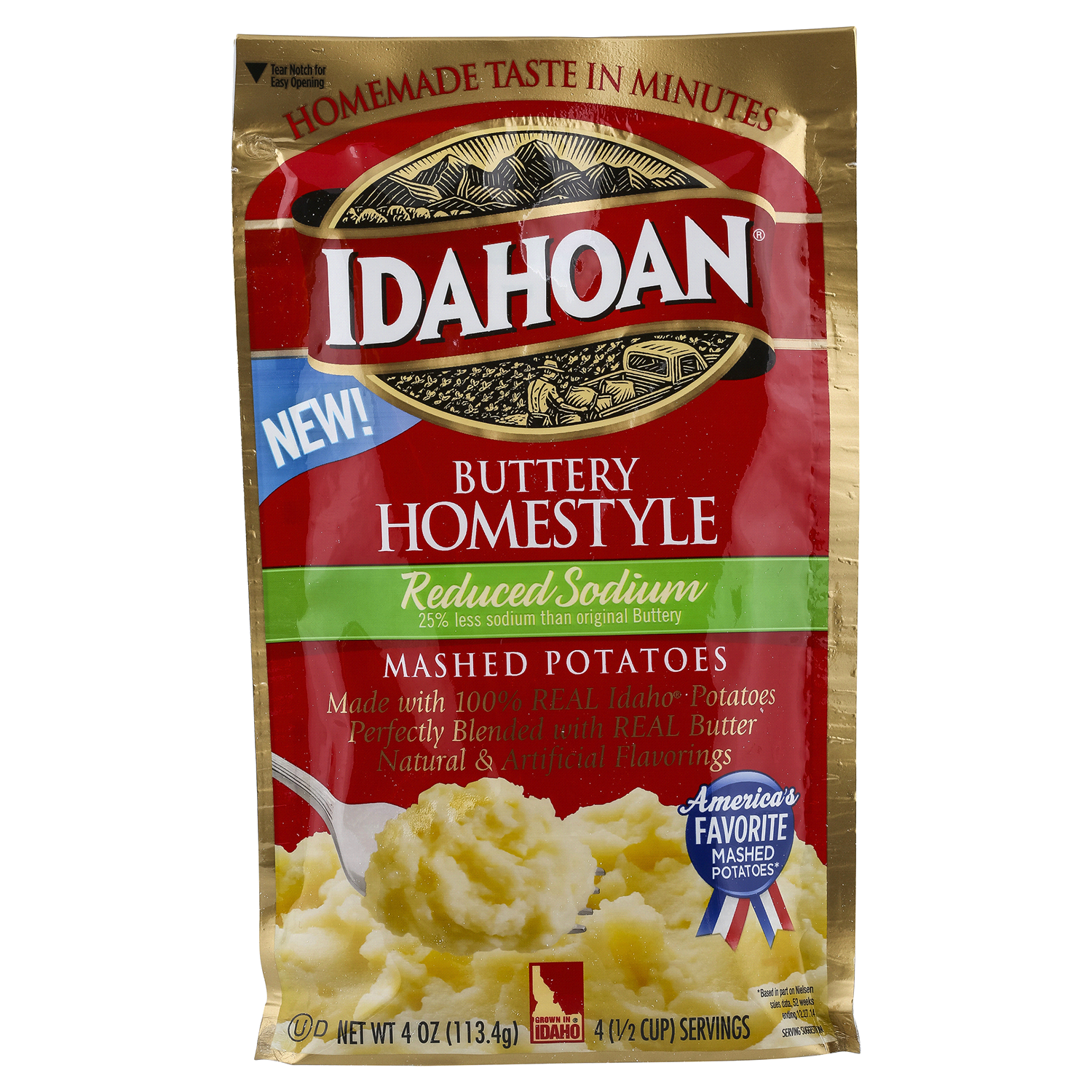 slide 1 of 2, Idahoan Buttery Homestyle Reduced Sodium Mashed Potatoes, 4 oz