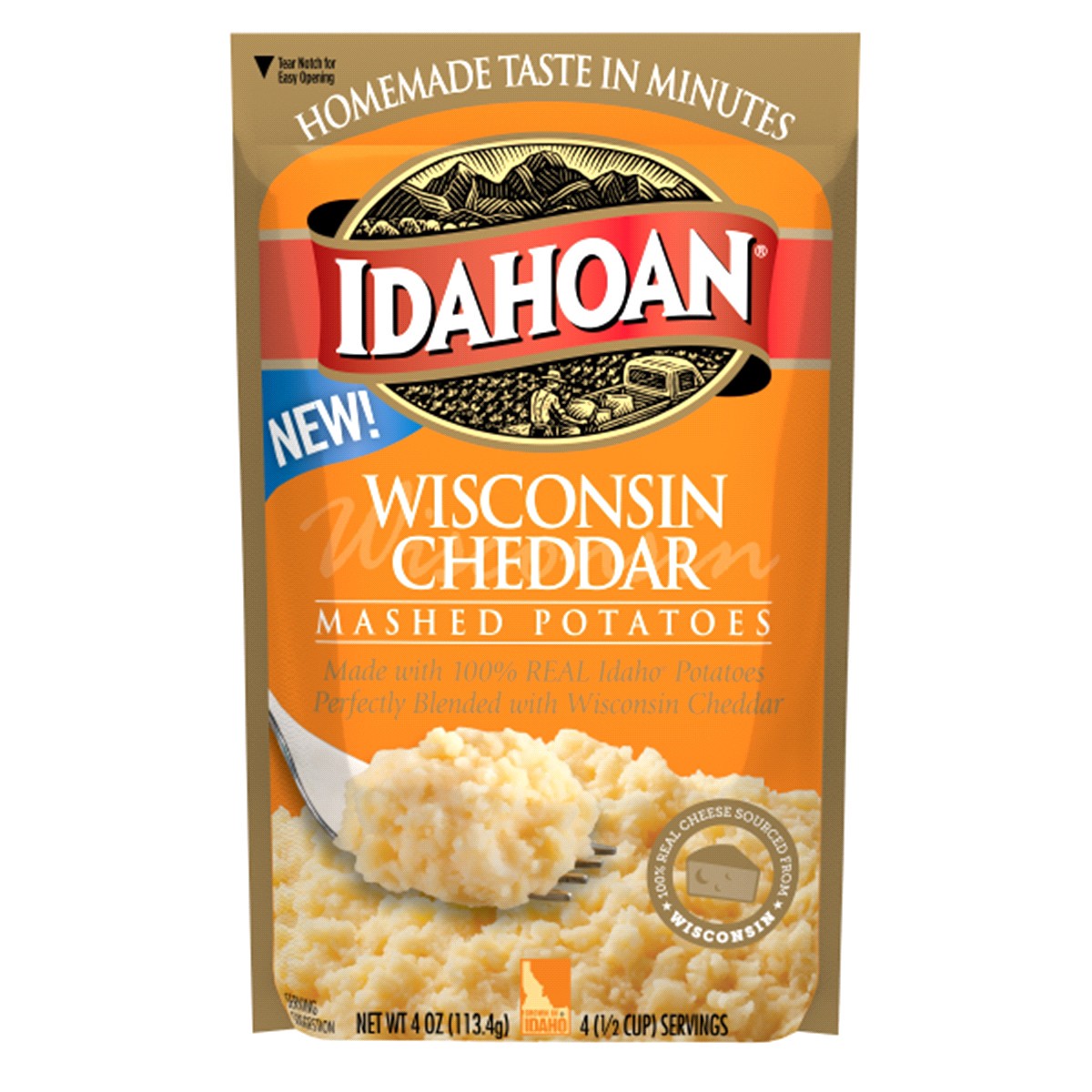 slide 1 of 3, Idahoan Wisconsin Cheddar Mashed Potatoes 4 oz, 4 oz