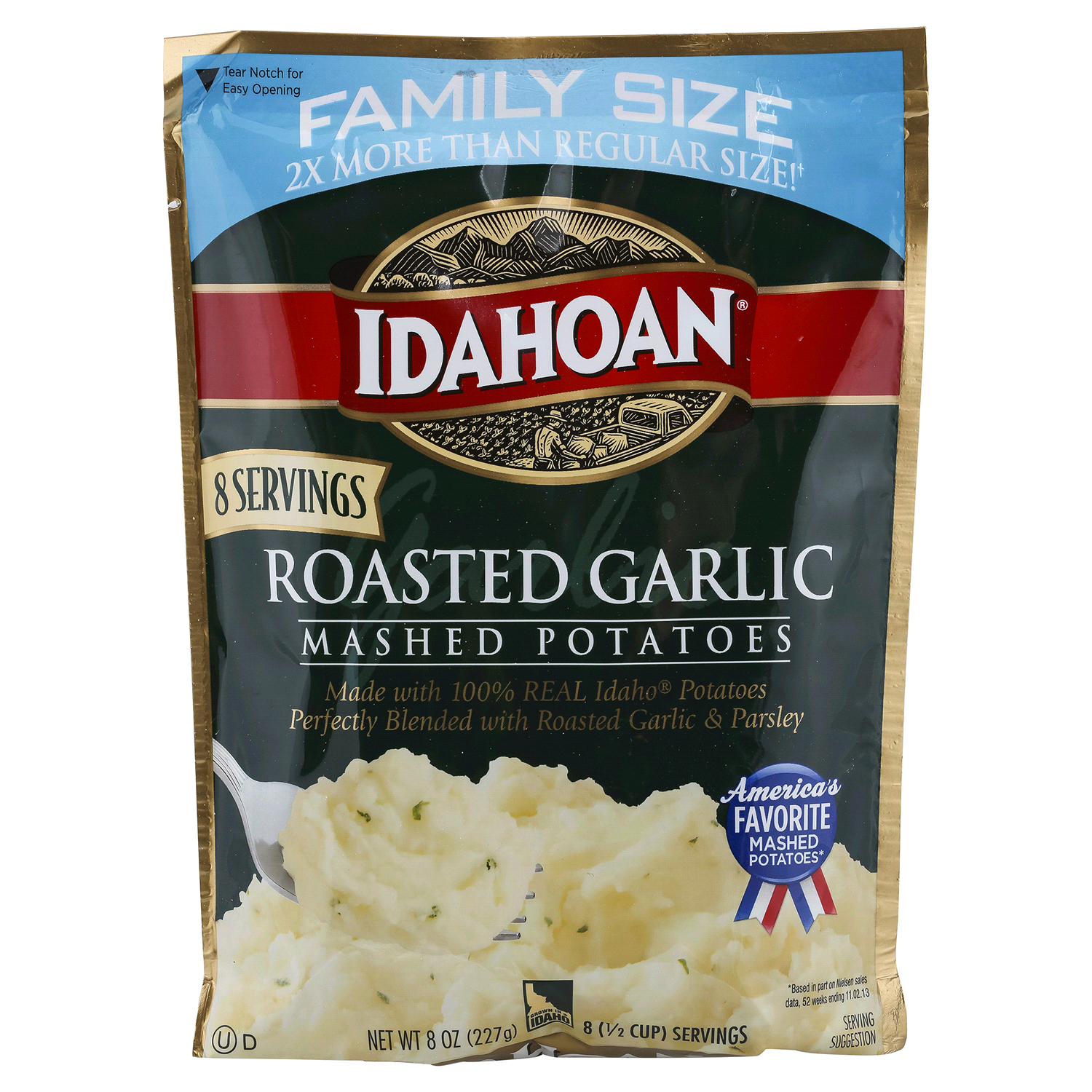 slide 1 of 2, Idahoan Roasted Garlic Mashed Potatoes Family Size, 8 oz