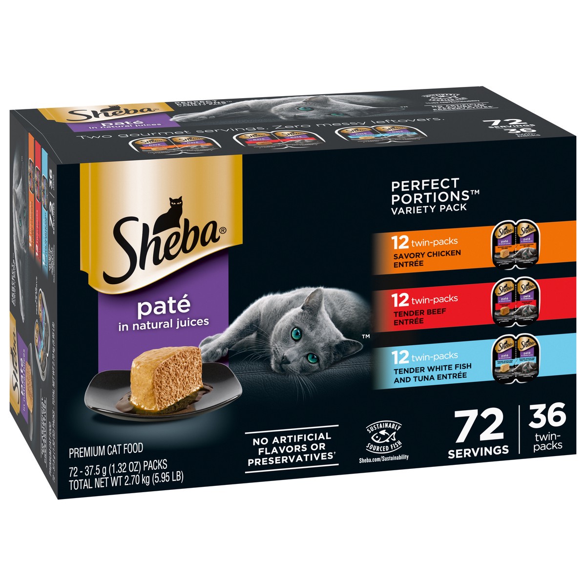 slide 10 of 16, Sheba Perfect Portions Pate in Natural Juices Premium Assorted Cat Food Twin-Pack Variety Pack 72 - 37.5 g Packs, 72 ct