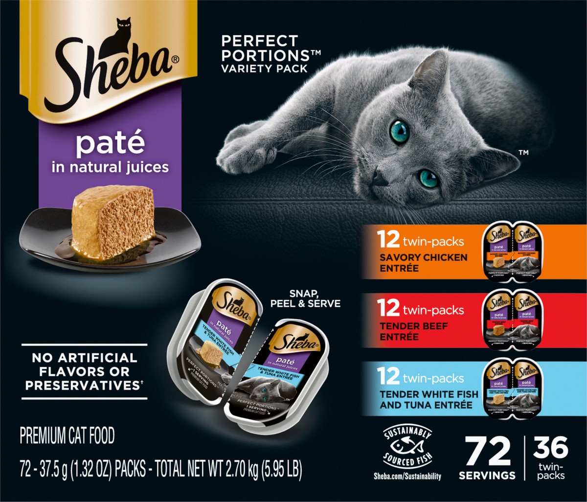 slide 4 of 16, Sheba Perfect Portions Pate in Natural Juices Premium Assorted Cat Food Twin-Pack Variety Pack 72 - 37.5 g Packs, 72 ct