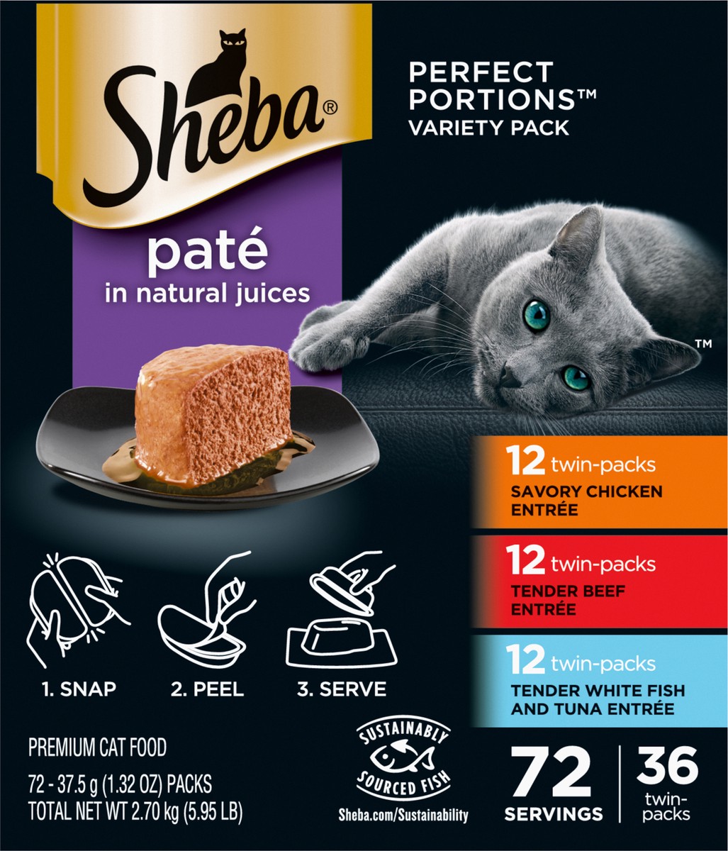 slide 9 of 16, Sheba Perfect Portions Pate in Natural Juices Premium Assorted Cat Food Twin-Pack Variety Pack 72 - 37.5 g Packs, 72 ct