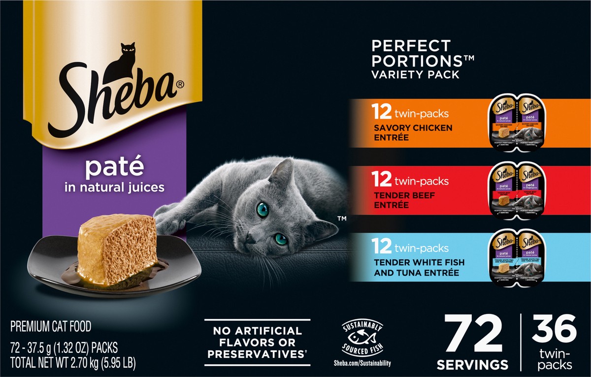 slide 11 of 16, Sheba Perfect Portions Pate in Natural Juices Premium Assorted Cat Food Twin-Pack Variety Pack 72 - 37.5 g Packs, 72 ct