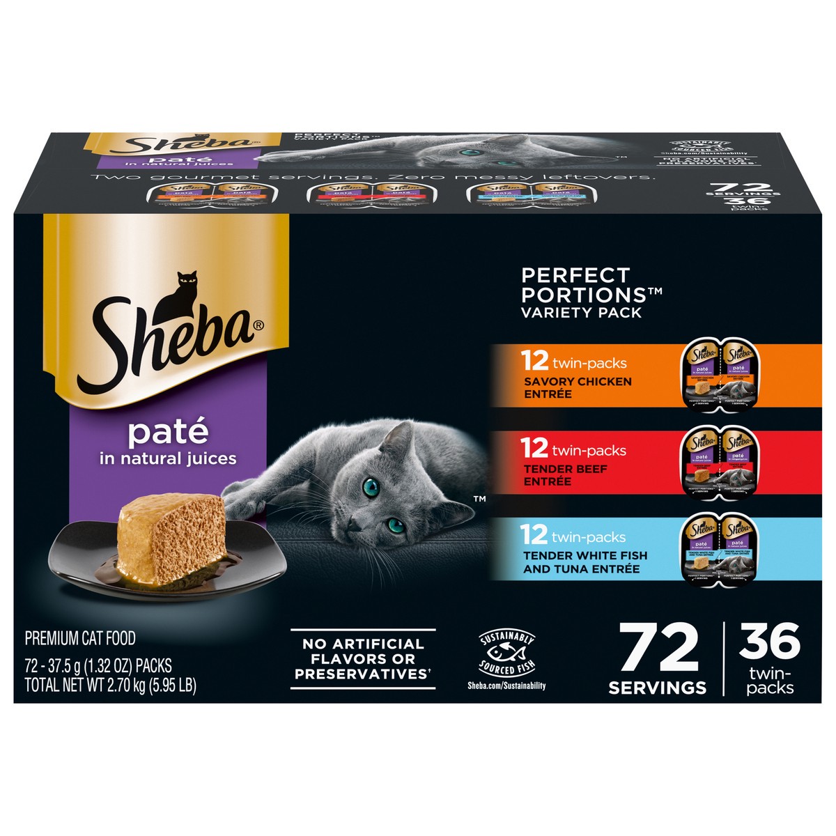 slide 14 of 16, Sheba Perfect Portions Pate in Natural Juices Premium Assorted Cat Food Twin-Pack Variety Pack 72 - 37.5 g Packs, 72 ct