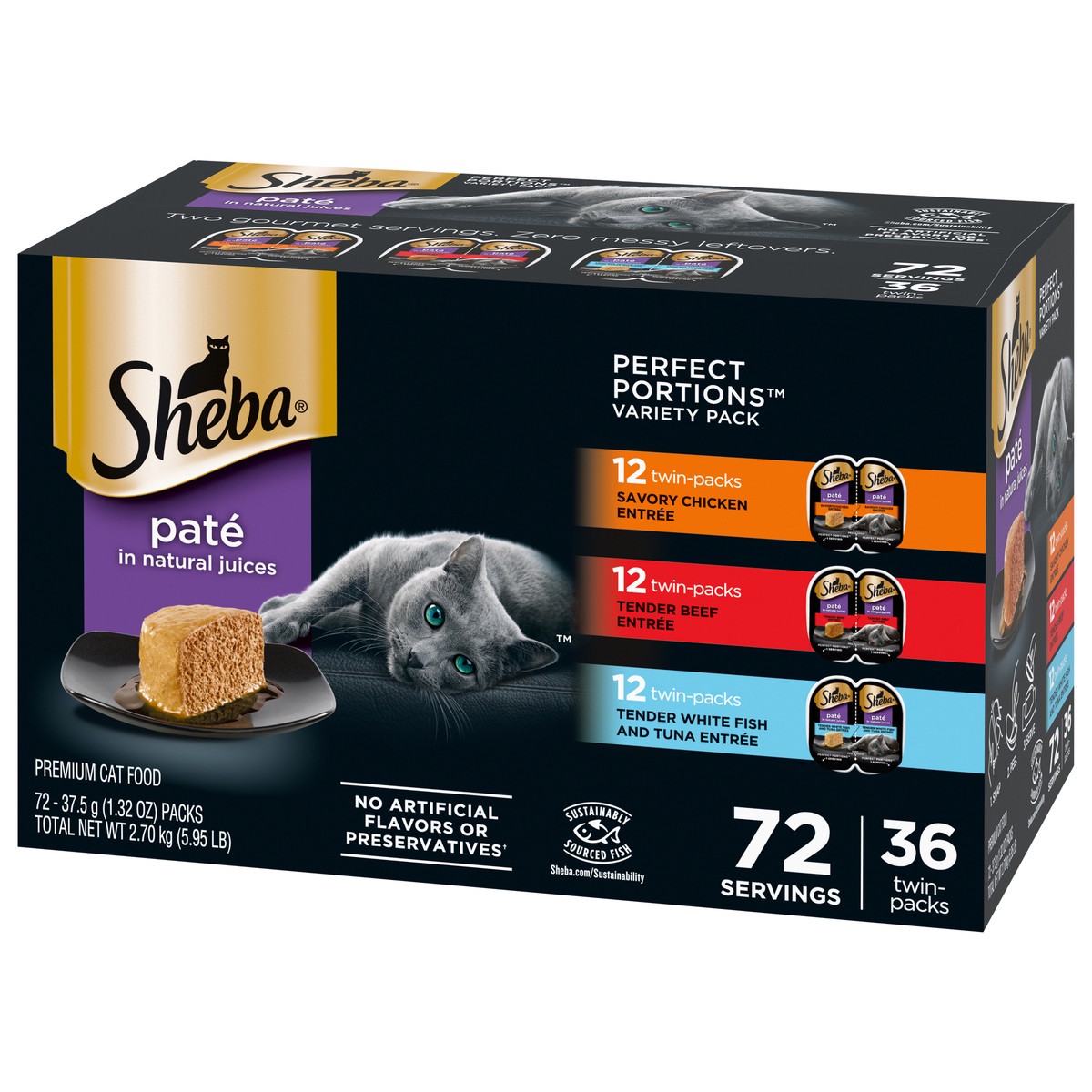 slide 16 of 16, Sheba Perfect Portions Pate in Natural Juices Premium Assorted Cat Food Twin-Pack Variety Pack 72 - 37.5 g Packs, 72 ct